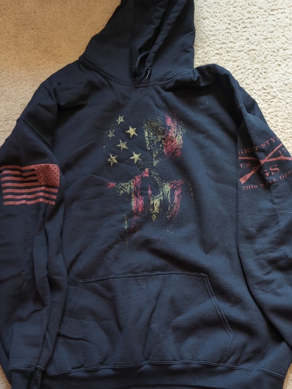 Grunt Style Black Hoodie with Distressed Flag Skull Print